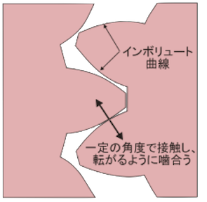 図1. インボリュート歯形のかみ合い
(出典：Wikipedia より改変）